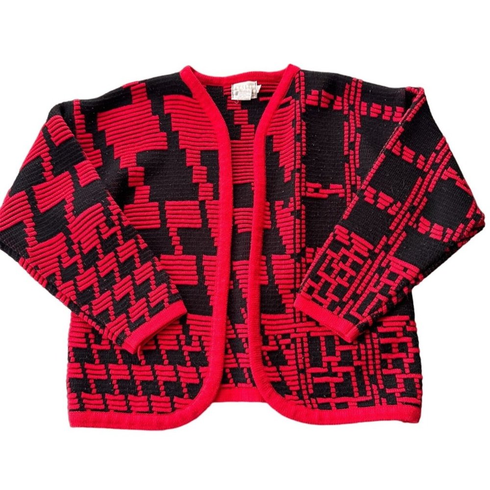 Vintage Leslie Fay Red Black Geometric Abstract Knit Open Front Cardigan S a2